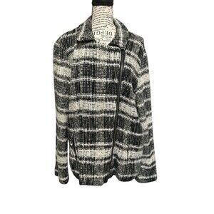 LUCKY BRAND Harper Sweater Jacket Tweed Black White Gray Plaid Moto Plus Sz 2X